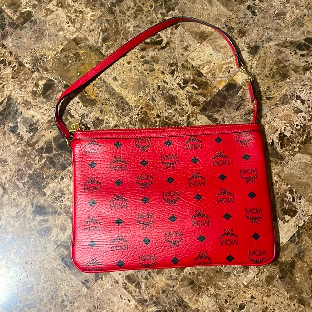 MCM Red Logo Leather Wristlet Pouch